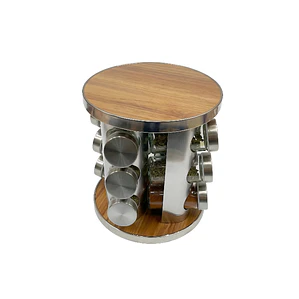 JUEGO DE 12 CONDIMENTEROS TAPA DE ACERO BASE REDONDO MADERA