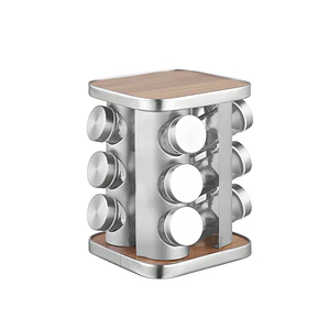 JUEGO DE 12 CONDIMENTEROS TAPA DE ACERO BASE CUADRADA MADERA