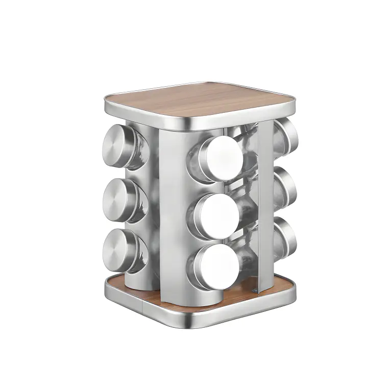 JUEGO DE 12 CONDIMENTEROS TAPA DE ACERO BASE CUADRADA MADERA 1