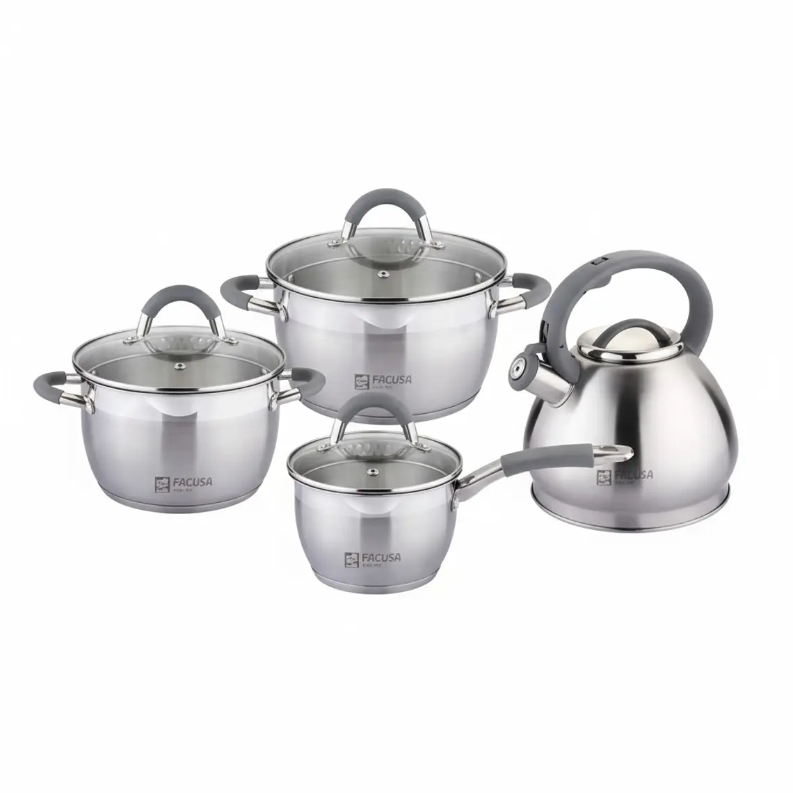 JUEGO DE 8 MISTI GRIS CACEROLA 16 CM, OLLAS 20/22 CM, TETERA 2.5 L 1