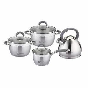 JUEGO DE 8 MISTI GRIS CACEROLA 16 CM, OLLAS 20/22 CM, TETERA 2.5 L