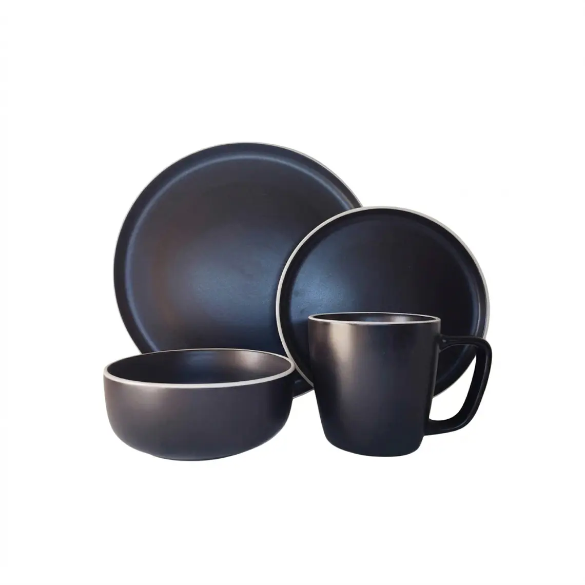 JUEGO DE 16 VAJILLA NEGRO MATE BORDE BLANCO (4 DE CADA PIEZA) 1
