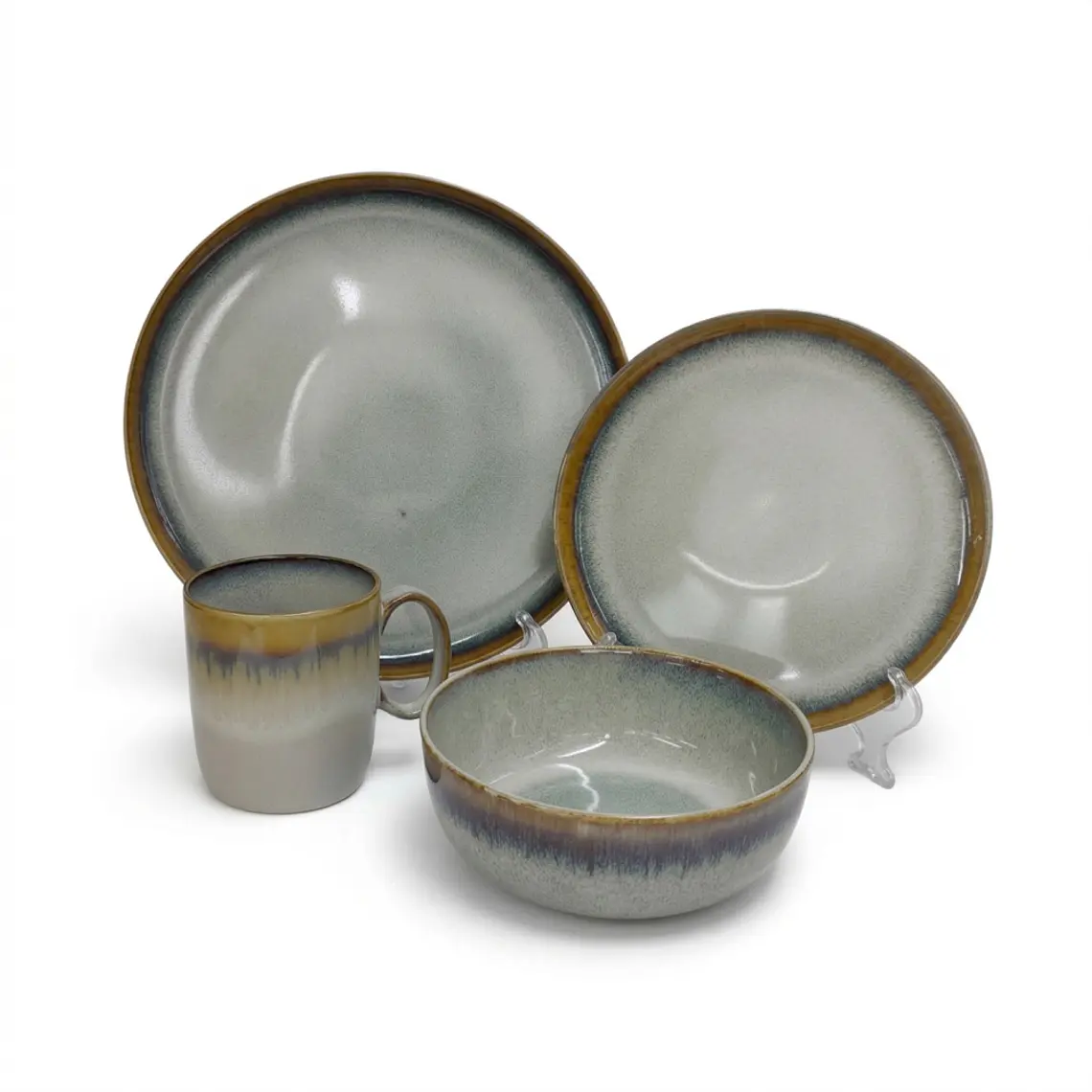 JUEGO DE 16 VAJILLA STONEWARE GLASEADO TRICOLOR GRIS BORDE MARRON (4 DE CADA PIEZA) 1