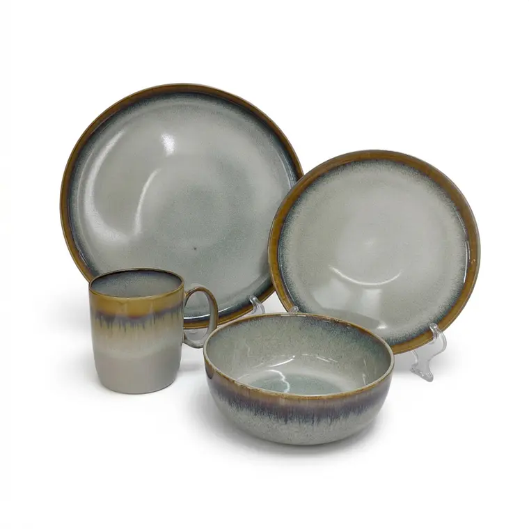 JUEGO DE 16 VAJILLA STONEWARE GLASEADO TRICOLOR GRIS BORDE MARRON (4 DE CADA PIEZA) 1