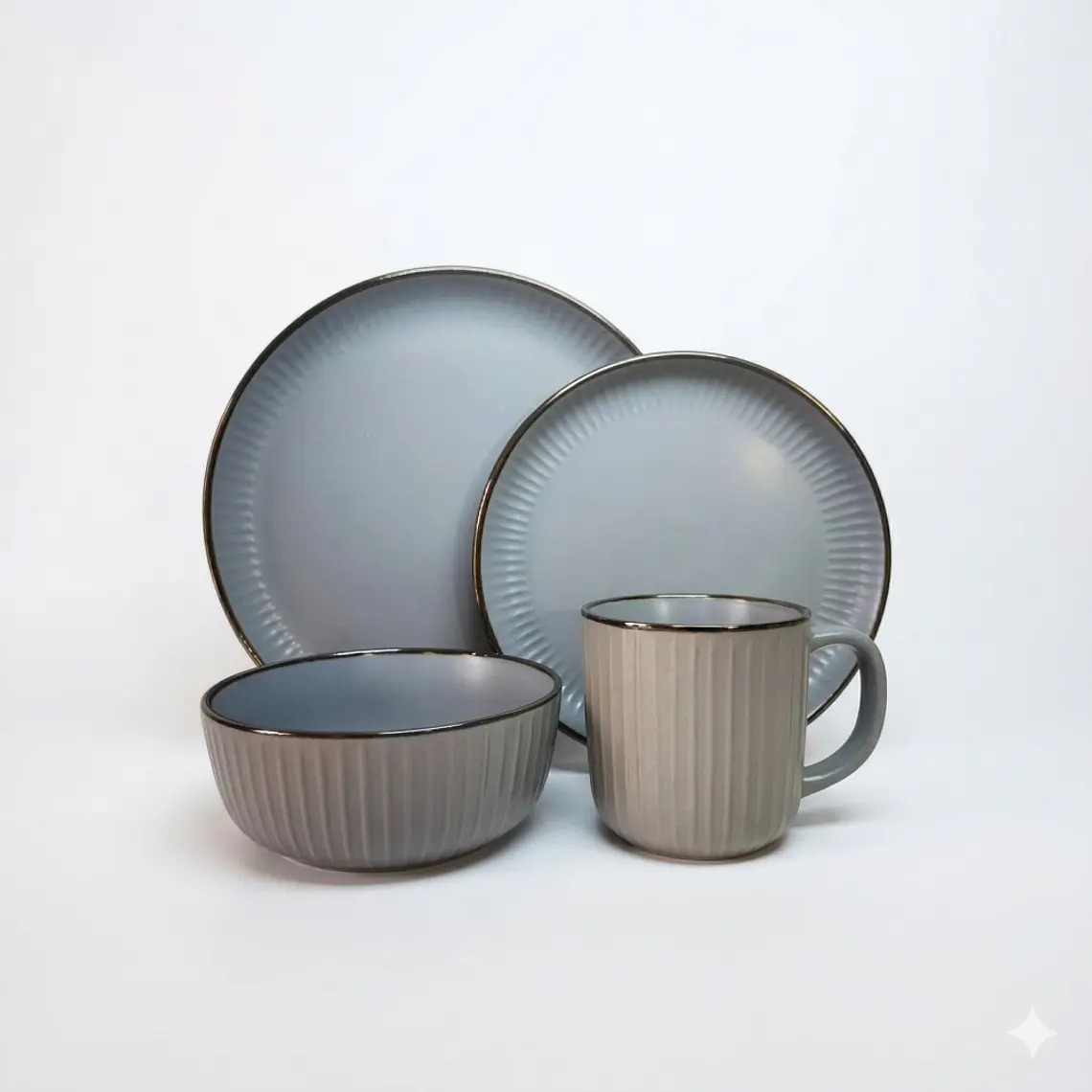 JUEGO DE 16 VAJILLA GRIS MATE BORDE MARRON CON RELIEVE (4 DE CADA PIEZA) 1