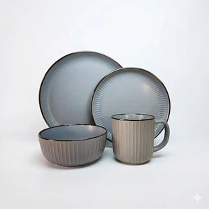 JUEGO DE 16 VAJILLA GRIS MATE BORDE MARRON CON RELIEVE (4 DE CADA PIEZA)