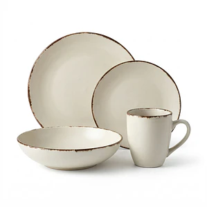 JUEGO DE 16 VAJILLA CREMA MATE BORDE MARRON (4 DE CADA PIEZA)