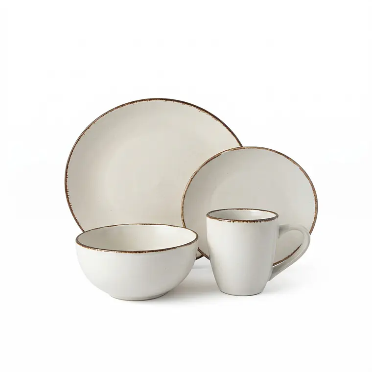 JUEGO DE 16 VAJILLA BLANCO MATE BORDE MARRON (4 DE CADA PIEZA) 1