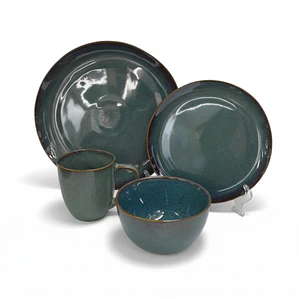 JUEGO DE 16 VAJILLA STONEWARE GLASEADO VERDE BORDE DORADO (4 DE CADA PIEZA)