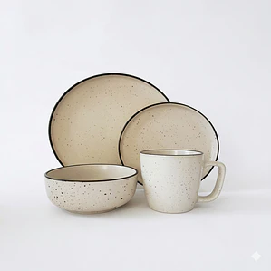 JUEGO DE 16 VAJILLA BLANCO GRANITO BORDE MARRON (4 DE CADA PIEZA)