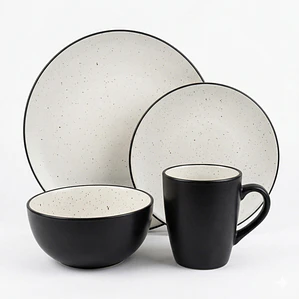 JUEGO DE 16 VAJILLA BLANCO GRANITO POR INTERIOR Y EXTERIOR NEGRO (4 DE CADA PIEZA)