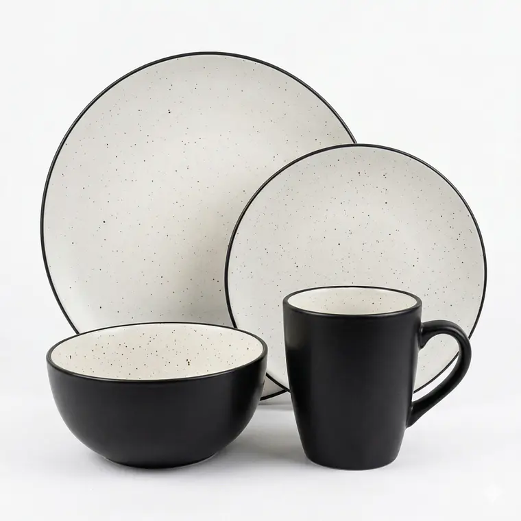 JUEGO DE 16 VAJILLA BLANCO GRANITO POR INTERIOR Y EXTERIOR NEGRO (4 DE CADA PIEZA) 1