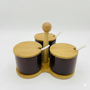 JUEGO DE 3 ESPECIEROS NEGRO CON TAPA MADERA + CUCHARITA