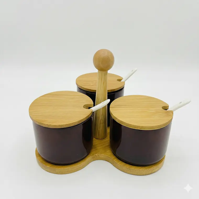 JUEGO DE 3 ESPECIEROS NEGRO CON TAPA MADERA + CUCHARITA 1