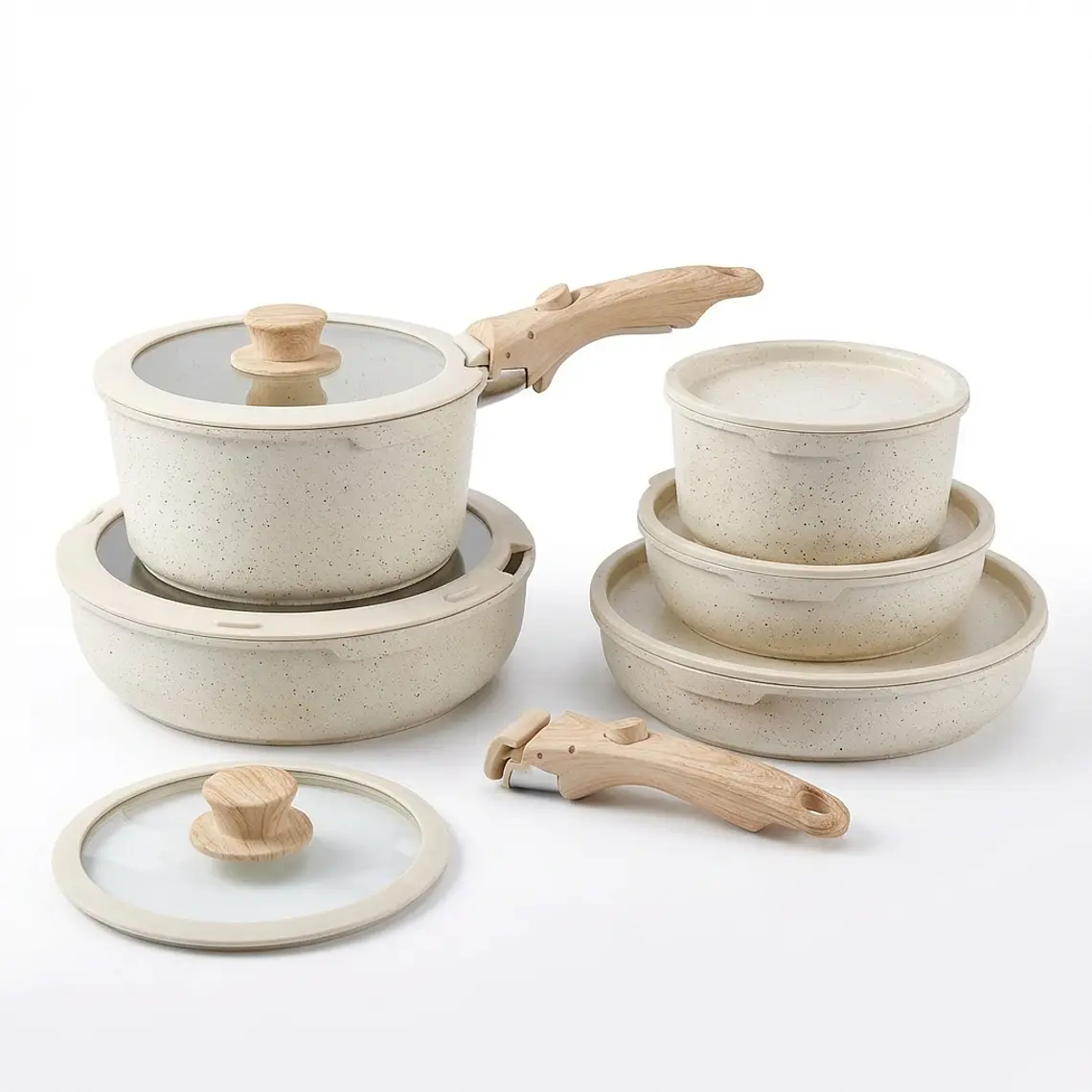 JUEGO DE OLLAS 17 PIEZAS ALUMINIO ANTIADHERENTE CREMA JASPEADO CON MANGO EXTRAÍBLE 1
