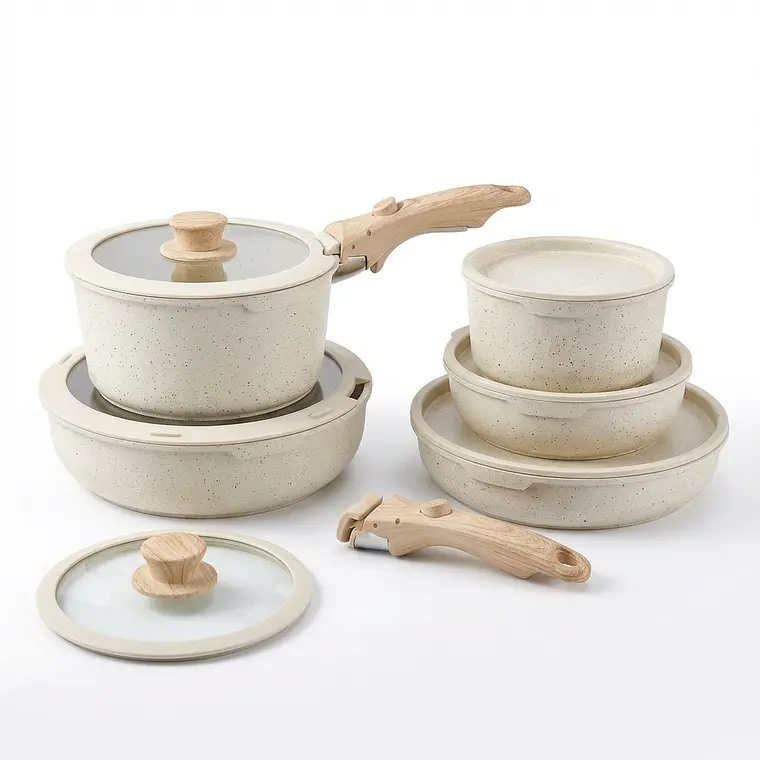 JUEGO DE OLLAS 17 PIEZAS ALUMINIO ANTIADHERENTE CREMA JASPEADO CON MANGO EXTRAÍBLE 1