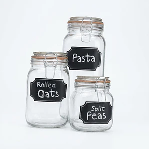 JUEGO DE 3 FRASCOS VIDRIO TAPA HERMETICO CON PIZARRA 1/1.6/2.25 L