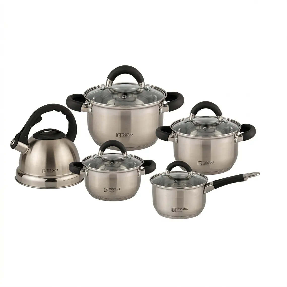 JUEGO DE 10 MINERVA (CACEROLA 16 + OLLA 18/20/22/24 CON TAPA VIDERIO +TETERA) 1