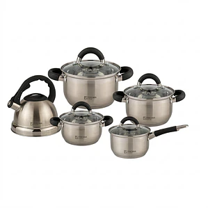 JUEGO DE 10 MINERVA (CACEROLA 16 + OLLA 18/20/22/24 CON TAPA VIDERIO +TETERA)