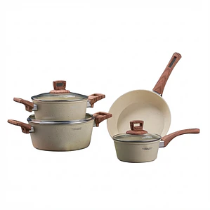 JUEGO DE OLLAS 7 PIEZAS ALUMINIO CON RECUBRIMIENTO CREMA Y TAPAS DE VIDRIO (CACEROLA16 + SARTÉN24 + OLLA20 + OLLA24)