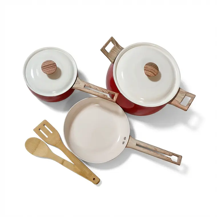 JUEGO DE OLLAS 7 PIEZAS ALUMINIO ROJO CON TAPA BLANCA 1