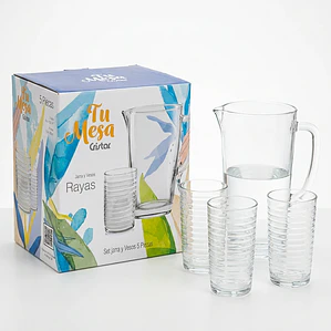 JUEGO DE VASOS Y JARRA RAYAS UNA JARRA 1.5 L + 4 VASOS 269 ML