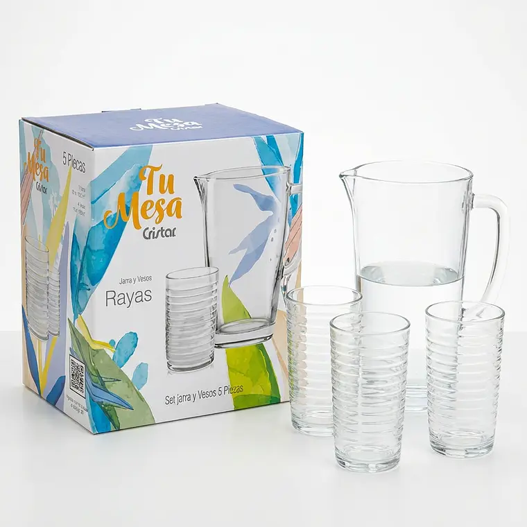 JUEGO DE VASOS Y JARRA RAYAS UNA JARRA 1.5 L + 4 VASOS 269 ML 1