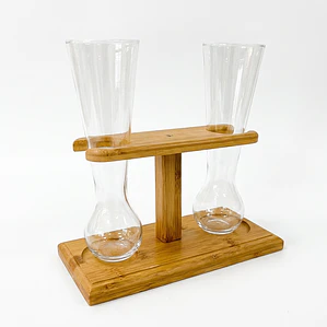 JUEGO DE 2 YARDA CERVECERA VIDRIO CON BASE MADERA 25X7CM 450 ML