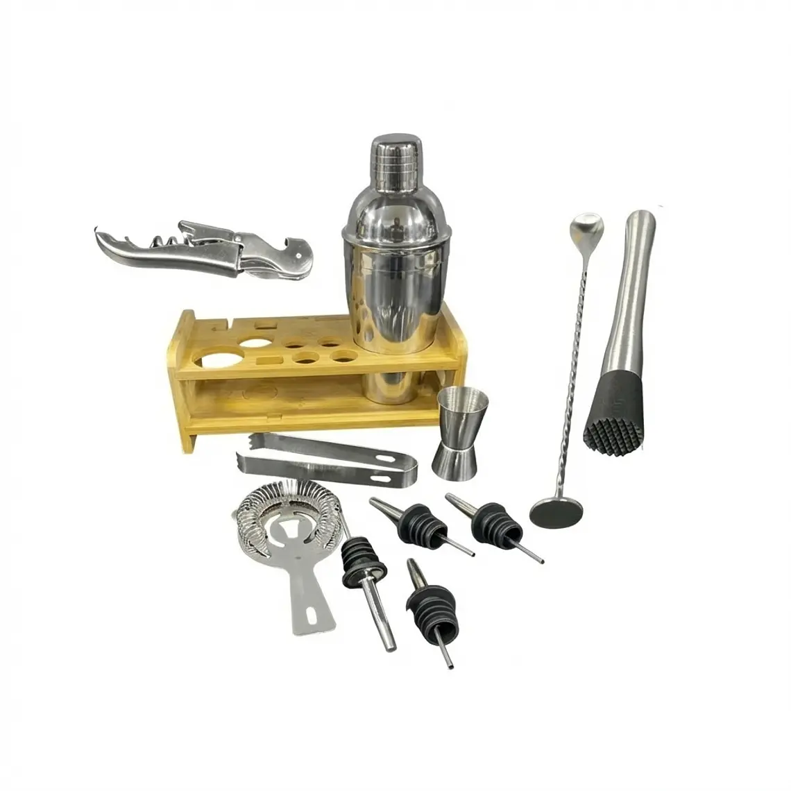 JUEGO DE BAR ACERO INOXIDABLE CON BASE BAMBU 1