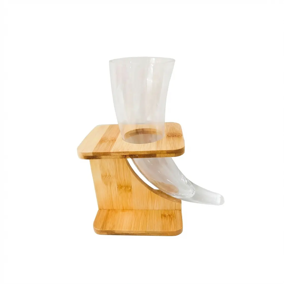 YARDA CERVECERA CUERNO VIDRIO CON BASE MADERA 26X8CM 550 ML 1