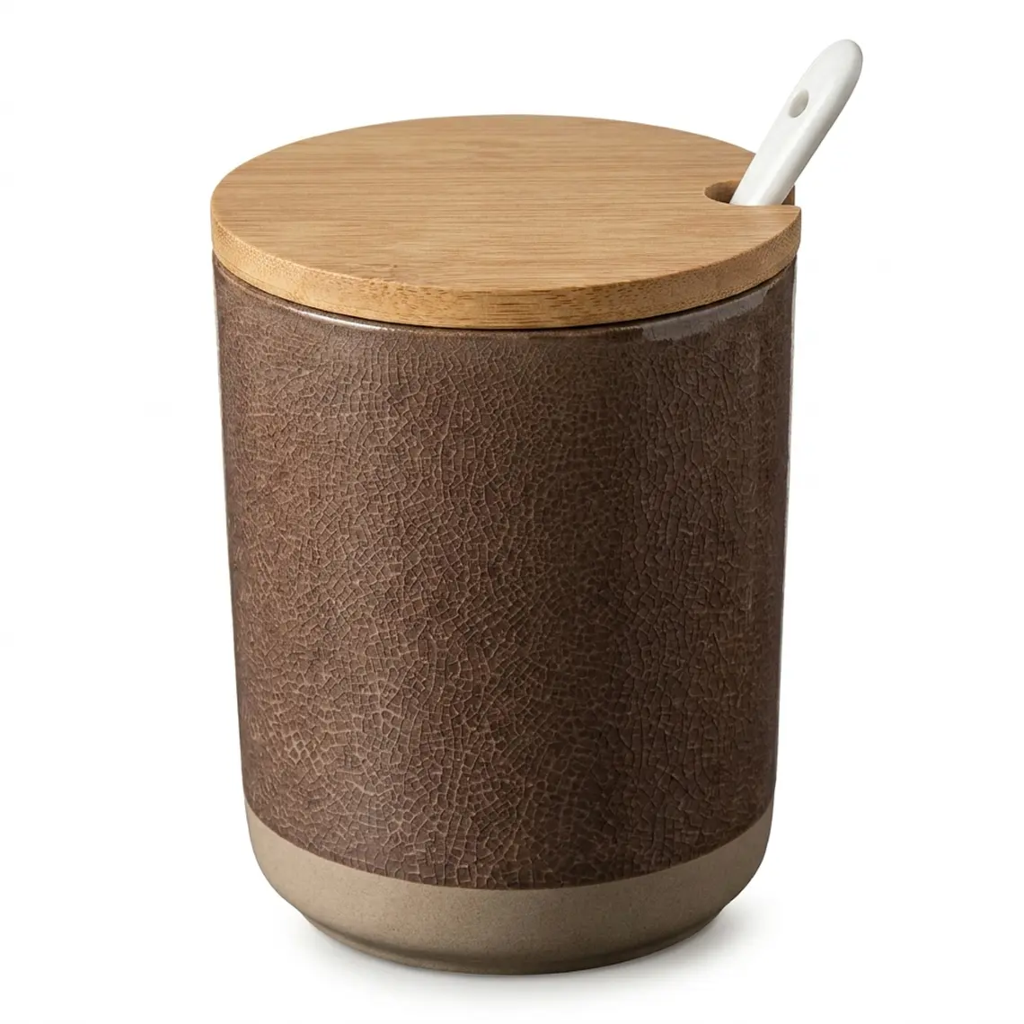 FRASCO POCELANA BEIGE 310 ML CTAPA MADER.+ CUCHARITA (8.5 x 11)CM 1