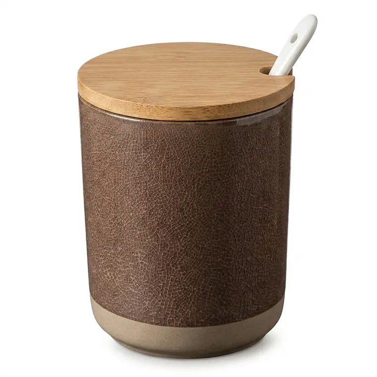 FRASCO POCELANA BEIGE 310 ML CTAPA MADER.+ CUCHARITA (8.5 x 11)CM 1