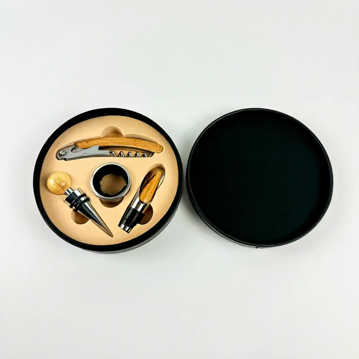 SET ABRIDORES DE VINO (4 PZA) MADERA BAMBU CAJA REDONDA 1