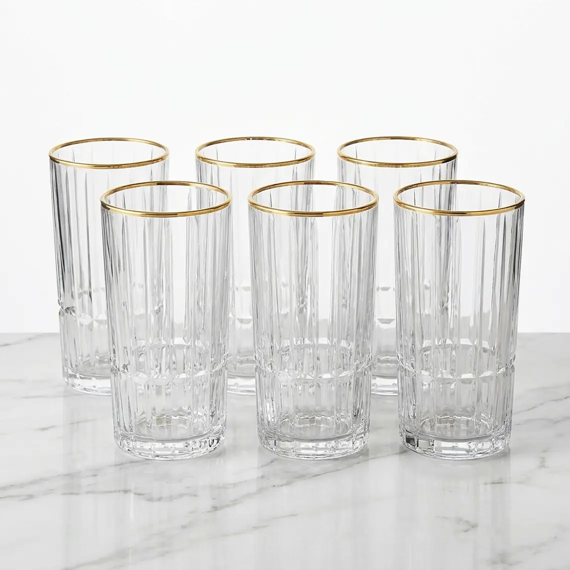 JUEGO 6 VASOS LARGOS RADIAL FILO DORADO - 385 ML  1