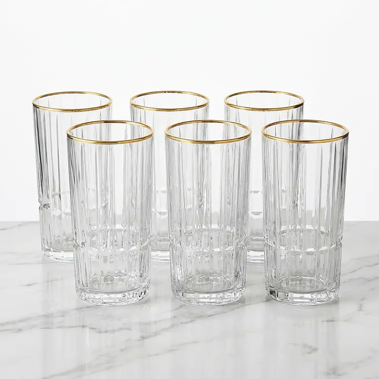 JUEGO 6 VASOS LARGOS RADIAL FILO DORADO - 385 ML  1