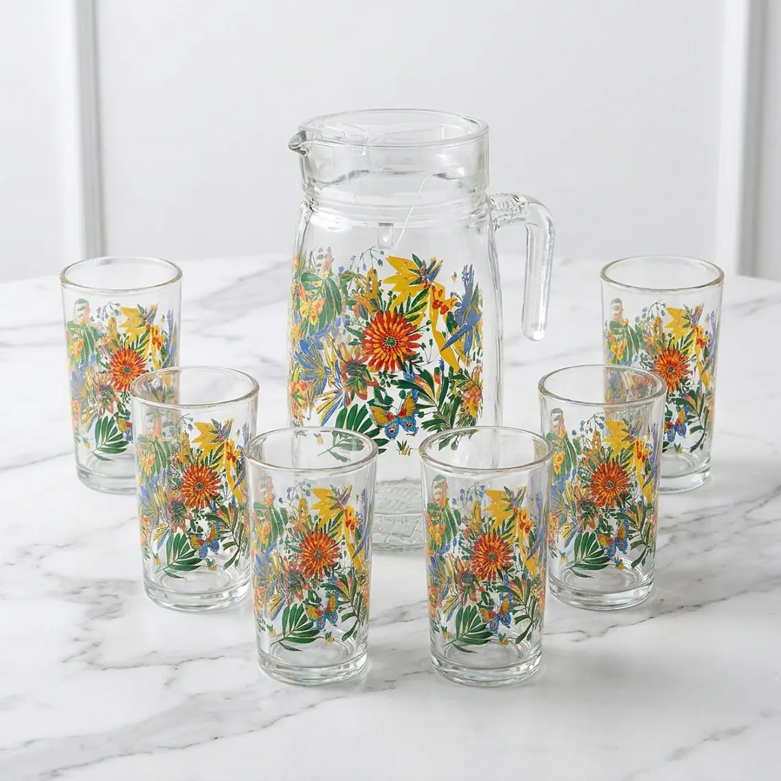 JUEGO 7 PIEZAS - (JARRA 1.6 LT+6 VASOS 212 ML) DEC. MARIPOSAS 1