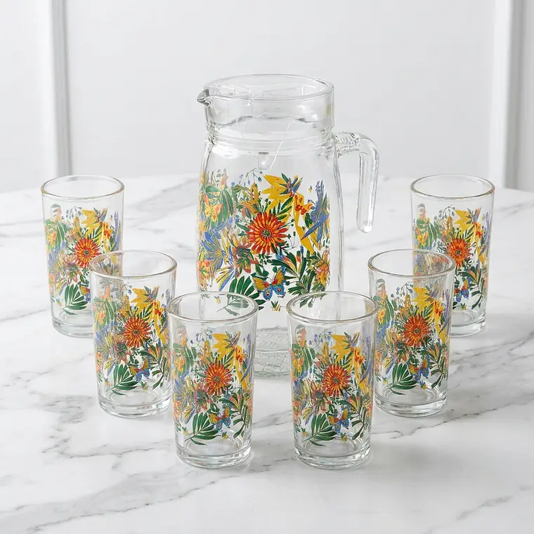 JUEGO 7 PIEZAS - (JARRA 1.6 LT+6 VASOS 212 ML) DEC. MARIPOSAS 1