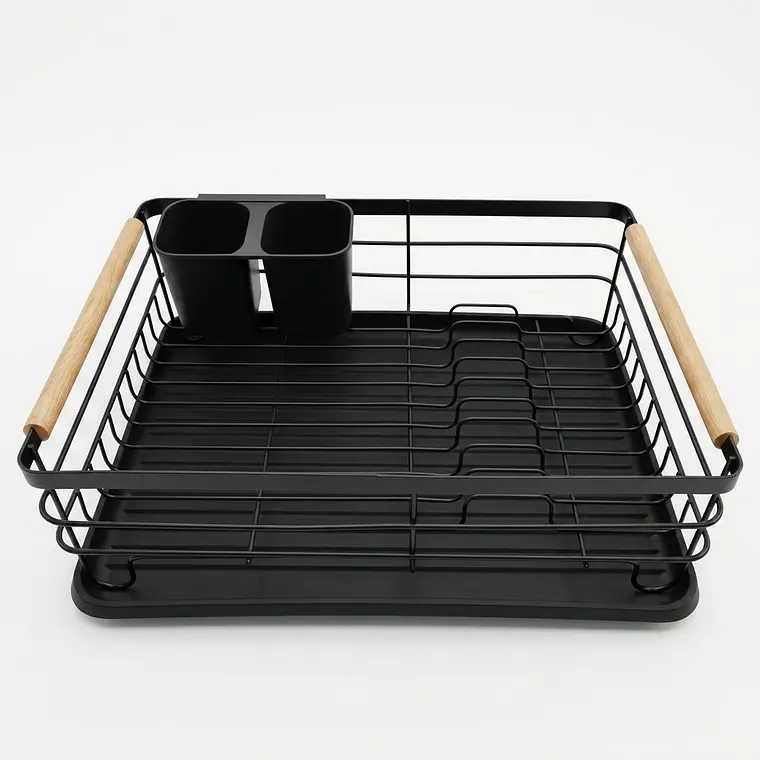 ESCURRIDOR PLATOS ACERO NEGRO A/MADERA 1