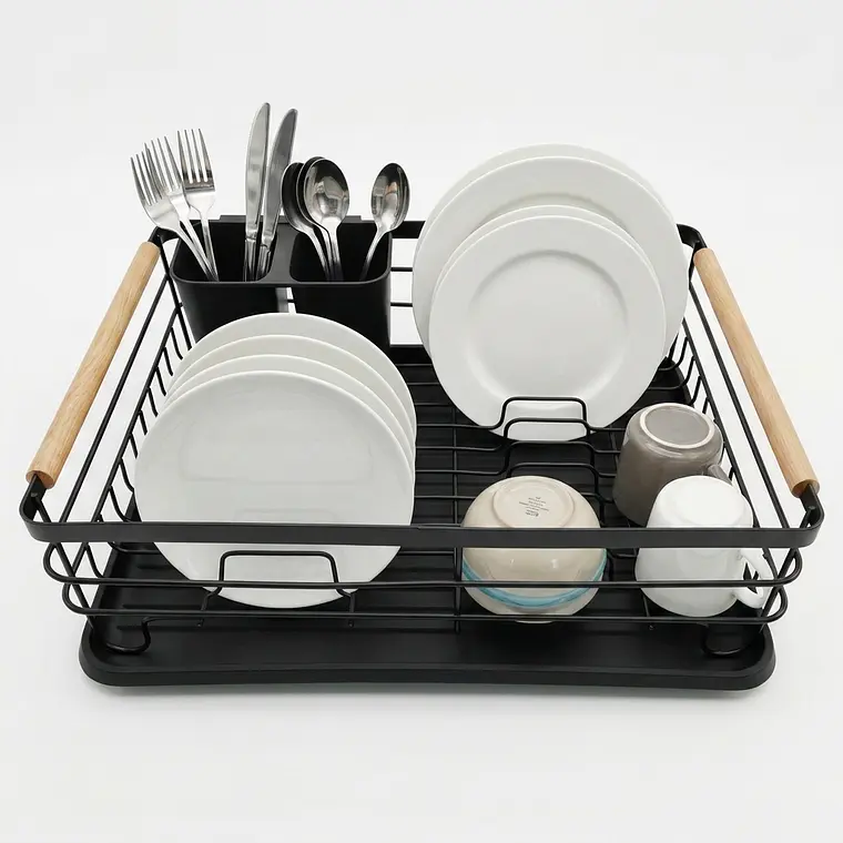 ESCURRIDOR PLATOS ACERO NEGRO A/MADERA 2