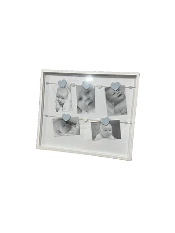 Marco madera soga y pizas Blanco corazones celestes 43x52cm