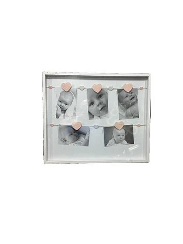 Marco madera soga y pinzas Blanco corazones Rosados 43x52cm