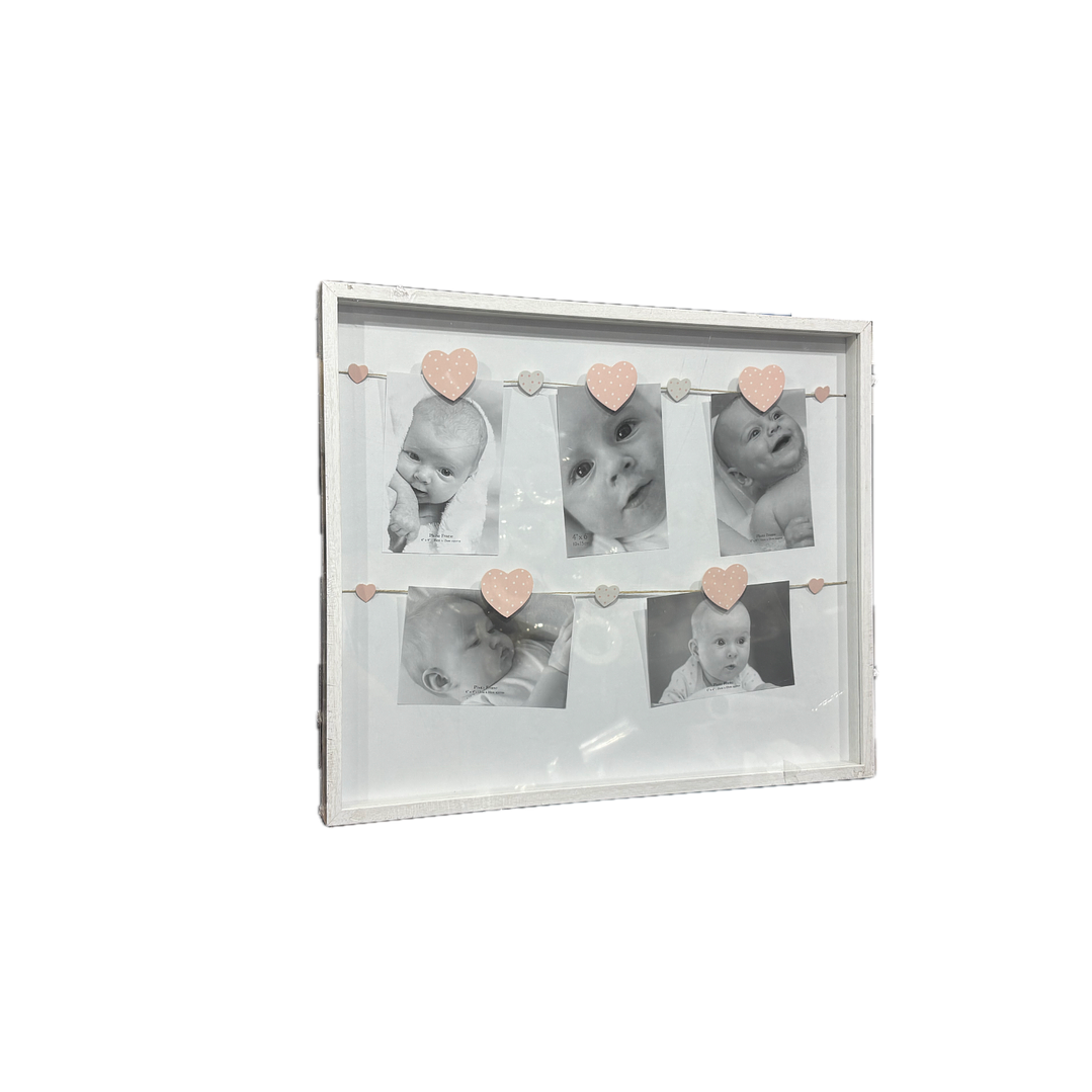 Marco madera soga y pinzas Blanco corazones Rosados 43x52cm 2