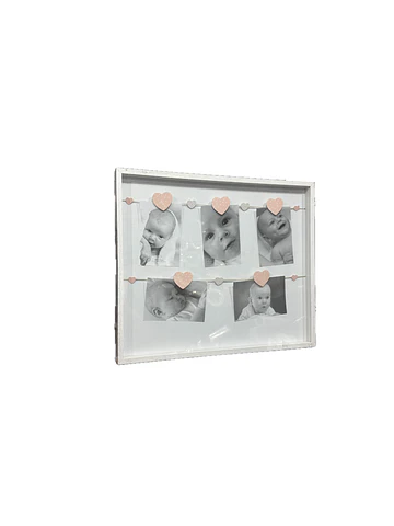 Marco madera soga y pinzas Blanco corazones Rosados 43x52cm