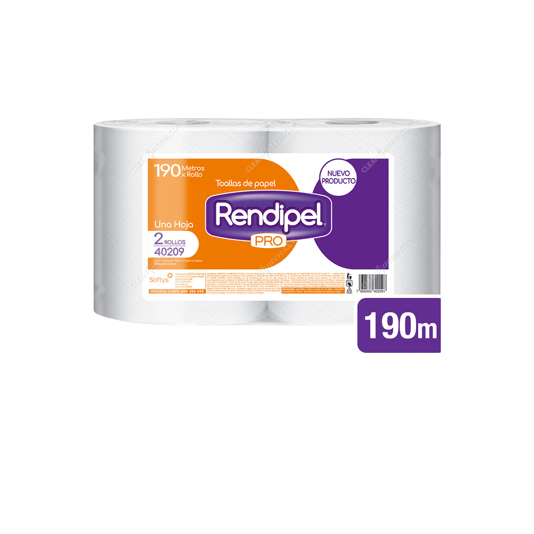 Toalla de Papel Rendipel Pro Una Hoja 190 mts c/u 2 Un 1