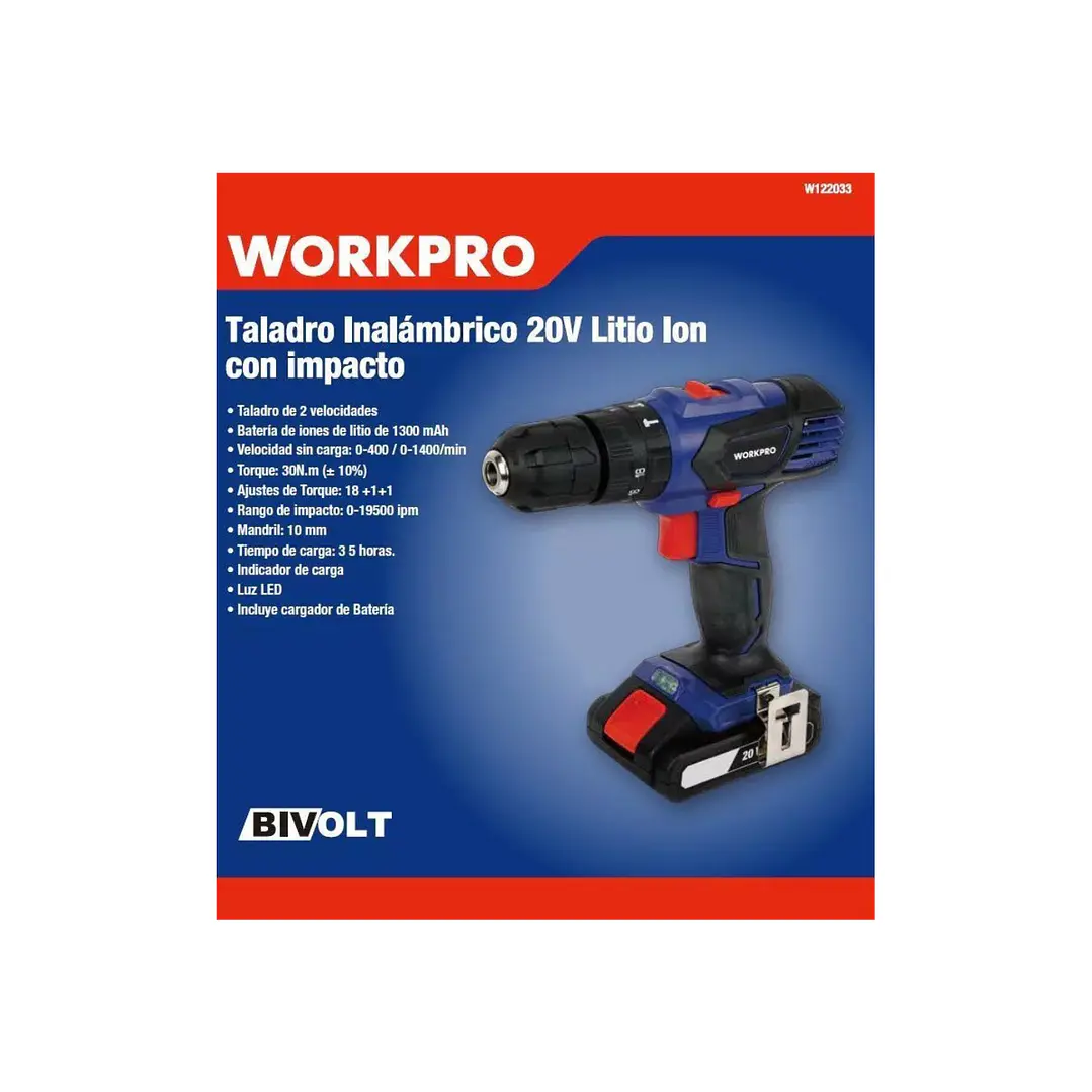 Taladro Inalámbrico 20V Litio Ion Con Impacto Workpro 4