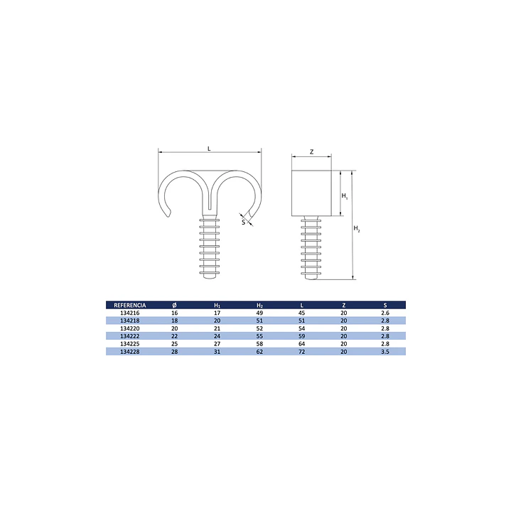 Pack 100 u Fijación P/tubería Fix-Ring Doble S/Tornillo 16mm 3