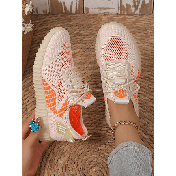 Zapatos casuales de punto nuevos para mujer, con estampado floral naranja 10