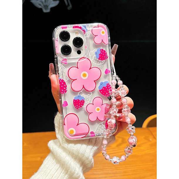 Funda de teléfono inflable a prueba de golpes con estampado floral rosa y fresa 18