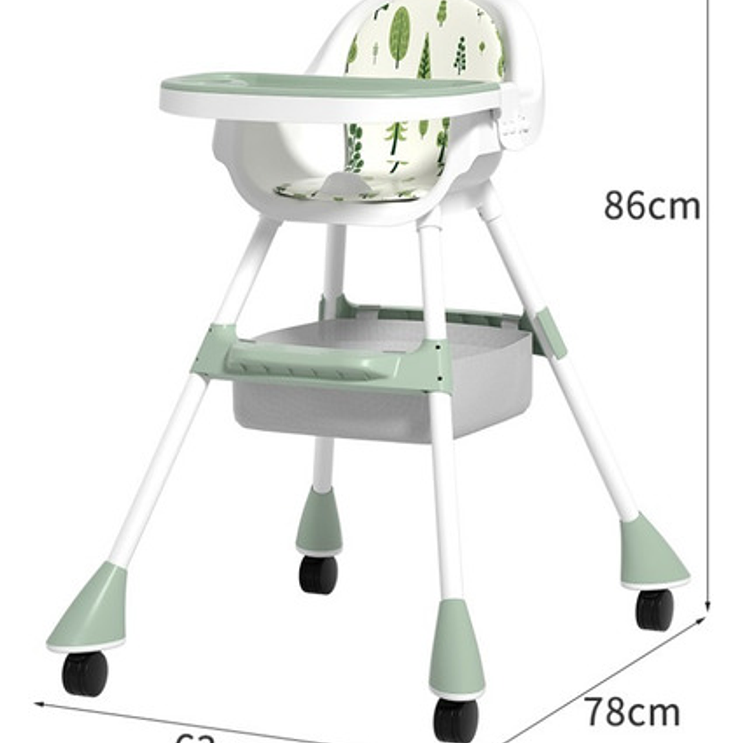 Silla De Comer Con Cinturón Y Ruedas Para Niños, 2 En 1 Color Verde Moderno 9