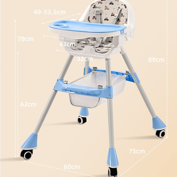 Silla De Comer Con Cinturón Y Ruedas Para Niños, 2 En 1 Color Celeste Moderno 7